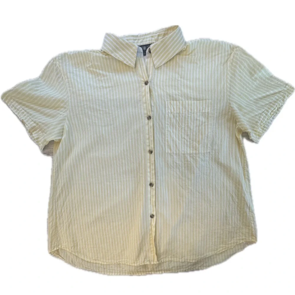 Lafayette 148 Top Yellow/White Striped Short Sleeve Button Down Shirt L - Picture 5 of 9